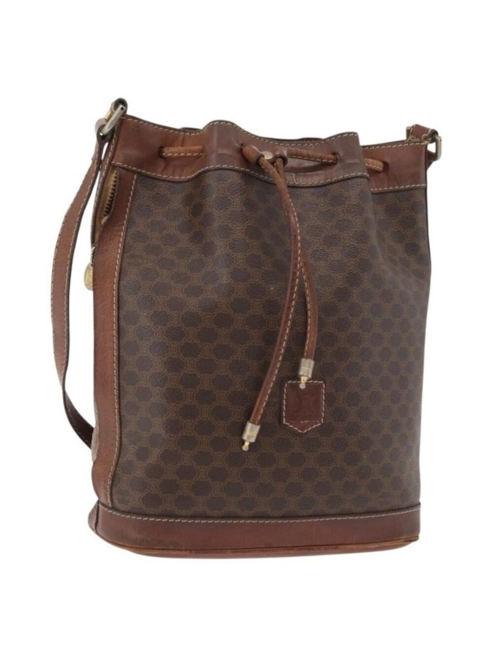 Authentic CELINE Macadam Canvas Purse Shoulder Bag PVC Leather Brown Gold